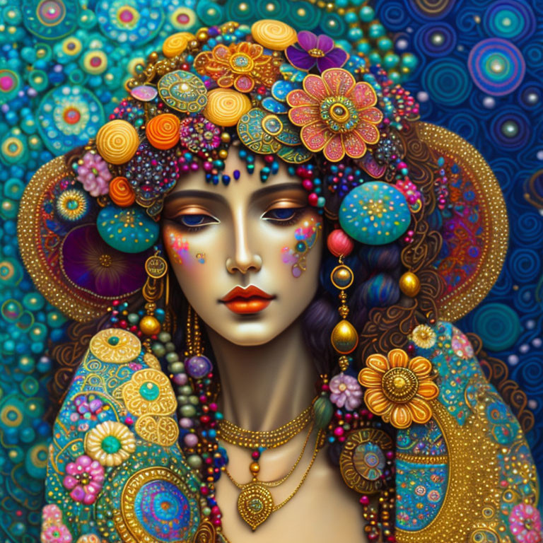 Colorful digital art portrait of woman with ornate head decorations