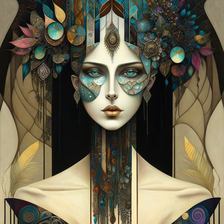 Symmetrical design of woman in ornate headgear with rich tones