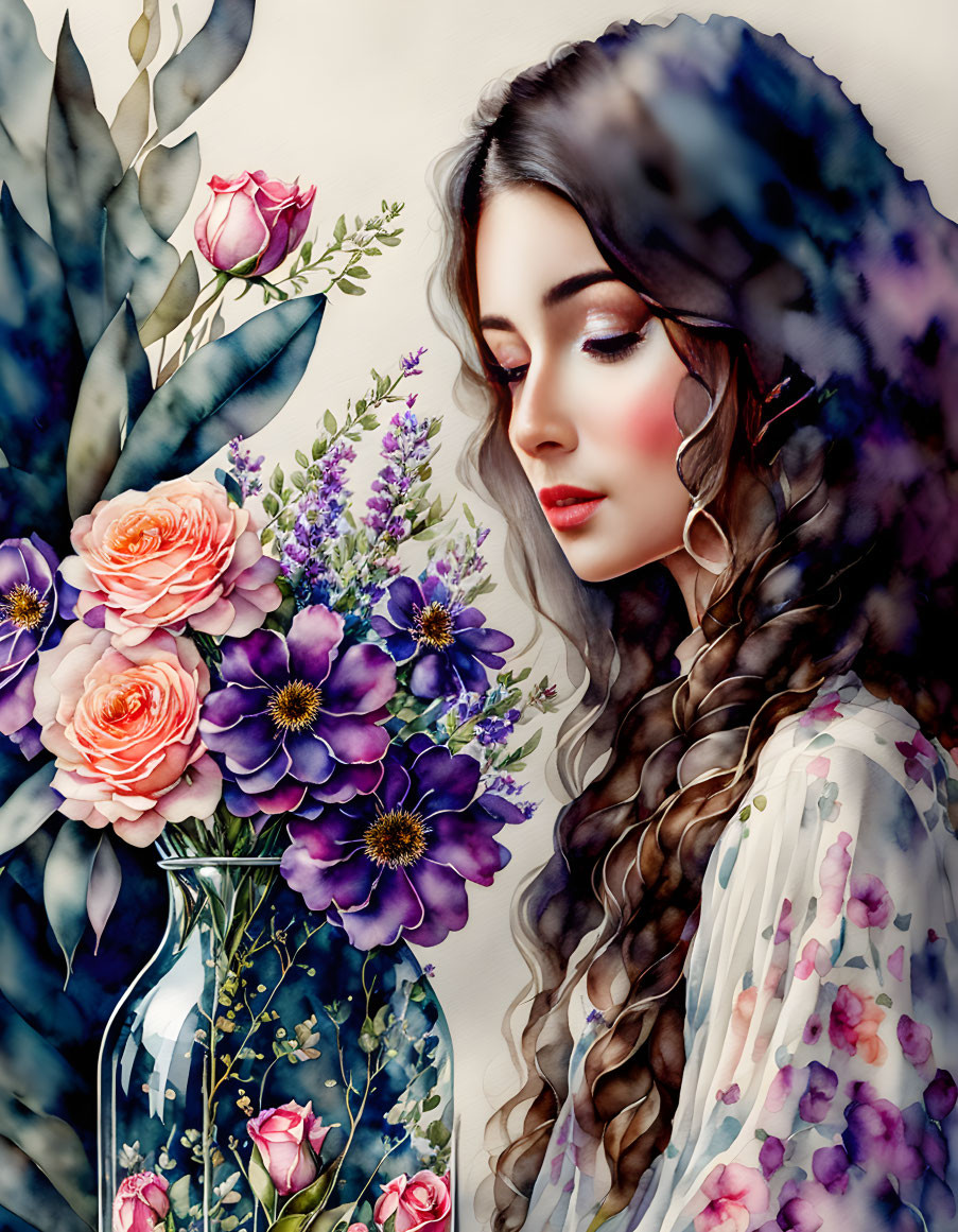 Digital artwork of woman with long wavy hair in floral print shawl among vibrant flowers