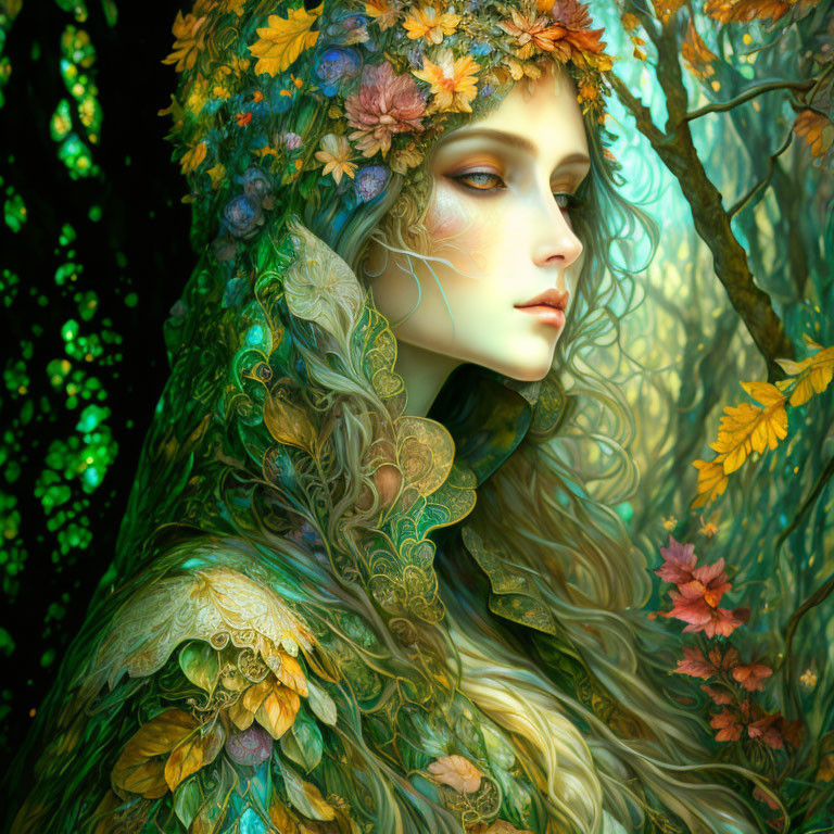 Ethereal woman with floral wreath in lush green woodlands