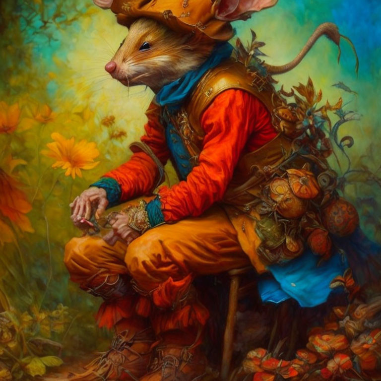 Anthropomorphic Mouse in Renaissance Attire Among Autumn Foliage