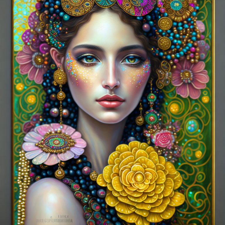 Colorful portrait of a woman with ornate floral patterns and vibrant hues.