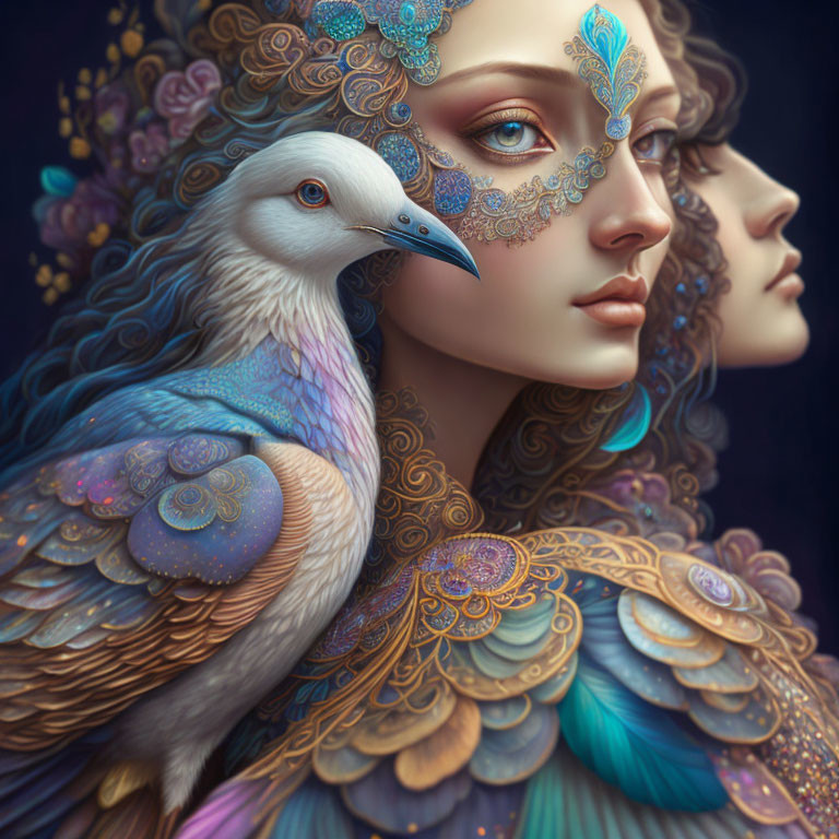 Stylized female faces with intricate jewel-like designs and a vibrant peacock.