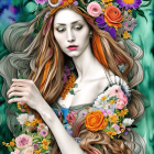 Woman with Floral Hair & Nature Dress in Ethereal Illustration