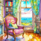 Sunlit reading nook with armchair, bookshelves, curtains, ocean view, ship.