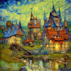 Whimsical village with colorful houses, castle, and serene river