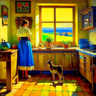 Bright kitchen scene with woman, beagle dog, mountain view, colorful pottery, and fruit.