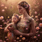 Digital artwork featuring woman and child with floral crowns in blooming flower garden