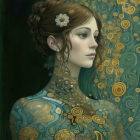 Ethereal woman with gold jewelry and blue flowers in hair