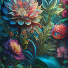 Colorful fantasy floral garden with vibrant blue, purple, orange, and green flowers