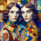 Identical female figures with stylized hair in mosaic-patterned garments on colorful geometric backdrop