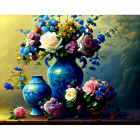 Colorful Still-life Illustration: Blue Vases & Stylized Flowers on Golden Background