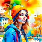 Vivid autumnal watercolor illustration of young woman with hat in nature