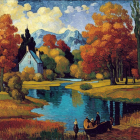 Colorful autumn scene: vibrant trees, cozy cottage, calm lake, whimsical sky