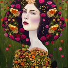 Woman in Floral Digital Painting with Dark Hair