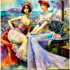 Elegantly dressed women on vintage sofa in colorful, fantastical setting