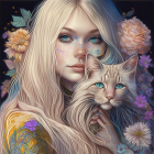 Blond Woman and Blue-Eyed Cat in Floral Setting