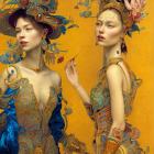 Two elegant women in ornate blue dresses against warm yellow floral backdrop