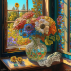 Colorful flowers in detailed vase under stained-glass sunlight