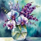 Purple orchids in glass vase with water on blue background