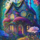 Colorful Cottage Covered in Purple and Pink Flowers in Enchanting Forest Setting