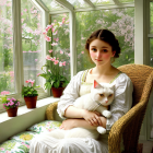 Woman in off-shoulder dress holding fluffy cat in sunlit room