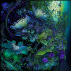 Woman's profile with iridescent flowers and foliage in rich blues and greens