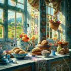 Illustration of cozy windowsill with bread, fruit, pottery, countryside view