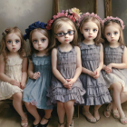 Five girls in floral crowns and sunglasses posing in front of colorful flowers.