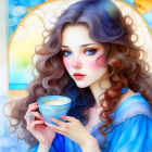 Illustration of girl with curly hair and blue eyes holding cup in golden halo frame