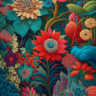 Colorful digital artwork featuring stylized flowers and foliage with intricate textures.