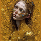 Detailed digital portrait of a woman with golden hair and cosmic floral patterns