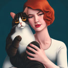 Stylized portrait of woman with intricate hairstyle holding two cats on teal background