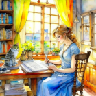 Woman in blue dress writing at wooden table with cat and sunlight.