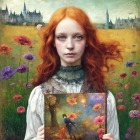 Fantasy artwork: Woman with red hair holding framed image surrounded by butterflies, flowers, and castles