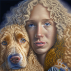 Curly-Haired Woman and Soulful-Eyed Dog with Blue Flowers on Dark Background