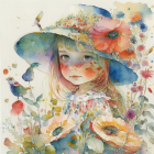 Blond girl in floral hat with poppies, bluebird, and flora.