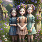 Illustrated girls in vintage dresses with floral headpieces in whimsical countryside.