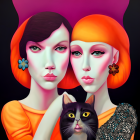 Stylized female figures with colorful attire and cat on dark background