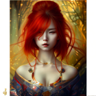 Vibrant red-haired woman with green eyes in mystical setting.