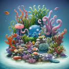 Colorful digital artwork: Fantasy octopus with coral on blue backdrop