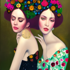 Stylized women with ornate headdresses in colorful patterns on floral backdrop