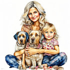 Cheerful woman and child with small dogs in playful setting