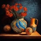 Colorful still-life painting with glass vase, red and orange flowers, golden pitcher, and wooden surface