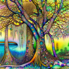 Colorful Twisting Tree Illustration in Lush Fantasy Landscape