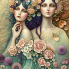 Art Nouveau style illustration of two women with pale skin and dark hair surrounded by golden patterns and pink