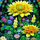 Colorful digital flower art with central sunflower on dark background