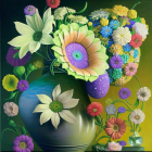 Colorful Flowers Painting with Intricate Petals on Dark Background