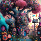 Whimsical tree with purple foliage in magical village