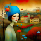 Pale woman in blue hat beside dreamy landscape with red foliage under amber sky